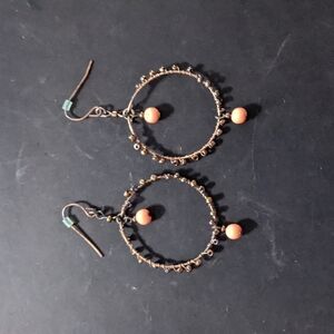 Copper Tone Coral Color Beaded Hoop Dangle Statement Earrings